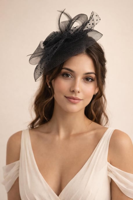 Floral Bow & Polka Veil Fascinator in Black - Image 1