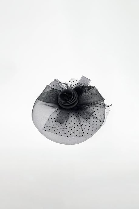 Floral Bow & Polka Veil Fascinator in Black - Image 2