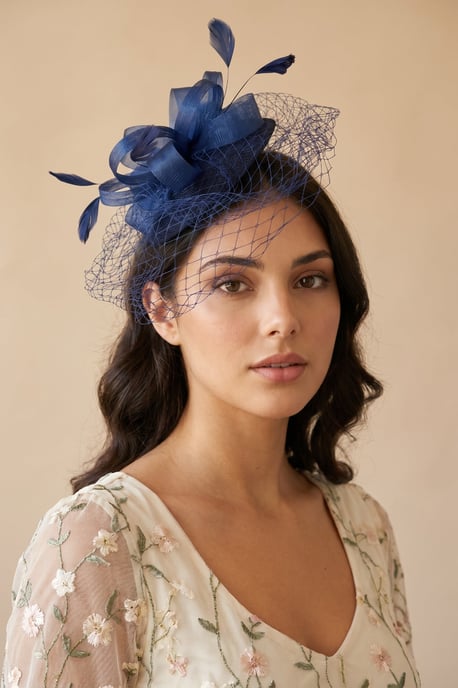 Bow Feather & Net Disc Fascinator in Navy - Image 1