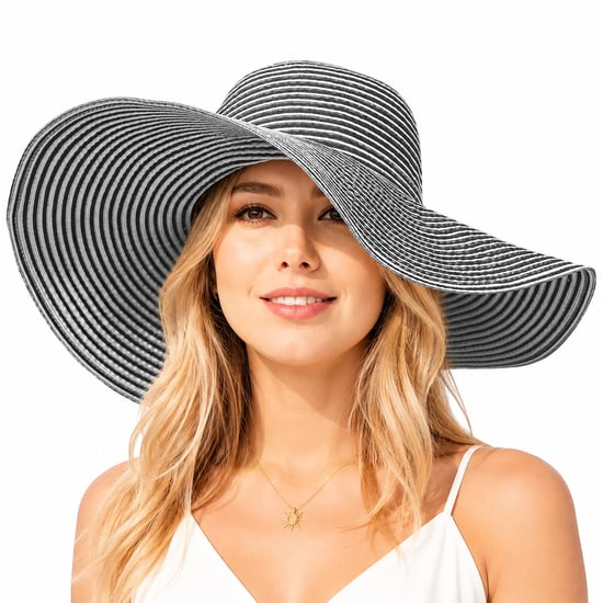 Ladies Extra Wide Brim Striped Sun Hat Foldable Summer Beach Hat in Grey - Image 1