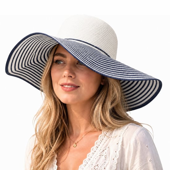 Ladies Wide Brim Striped Sun Hat Foldable Adjustable Beach Hat in Navy - Image 1