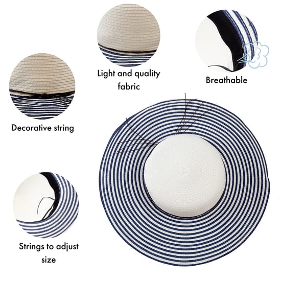 Ladies Wide Brim Striped Sun Hat Foldable Adjustable Beach Hat in Navy - Image 2