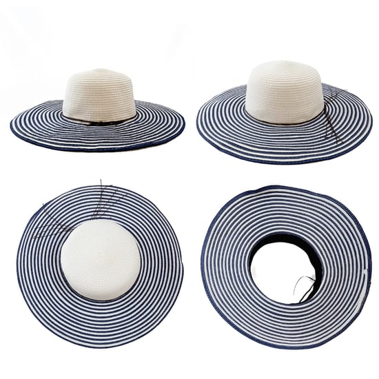 Ladies Wide Brim Striped Sun Hat Foldable Adjustable Beach Hat in Navy - Image 3