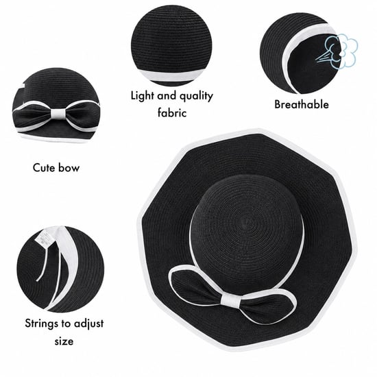 Ladies Wide Brim Foldable Sun Hat Adjustable Summer Beach Hat in Black - Image 2