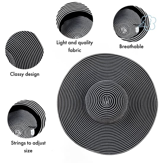 Ladies Extra Wide Brim Striped Sun Hat Foldable Summer Beach Hat in Black - Image 2