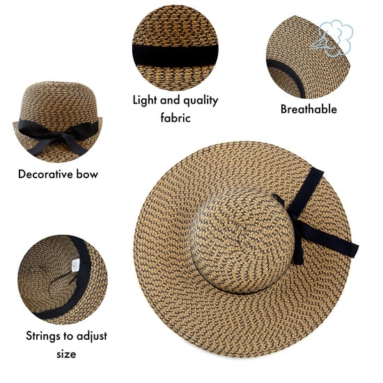 Ladies Wide Brim Woven Sun Hat Adjustable Summer Beach Hat in Tan - Image 3