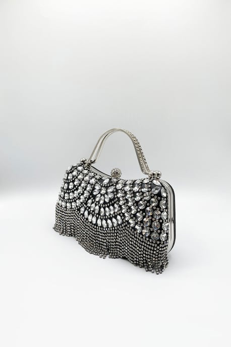 Embellished Fringe Clutch Bag In Black - Image 3