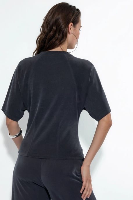 Ribbad kortärmad blus med rundad hals - Image 3