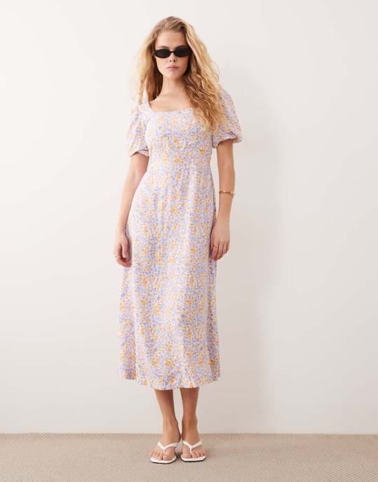Nobody's Child puff sleeve midi dress in lilac and yellow - Image 1