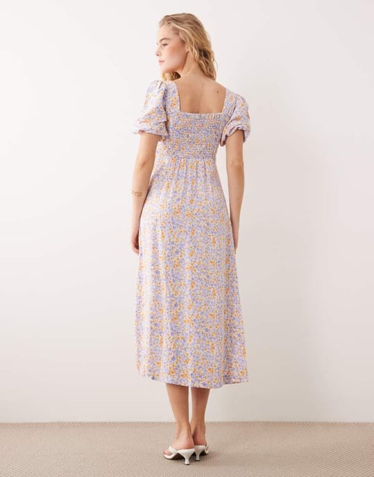 Nobody's Child puff sleeve midi dress in lilac and yellow - Image 3
