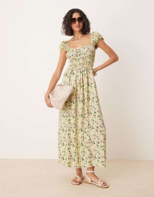 ASOS DESIGN square neck midi dress with cinched channel waist in floral print - Image 1