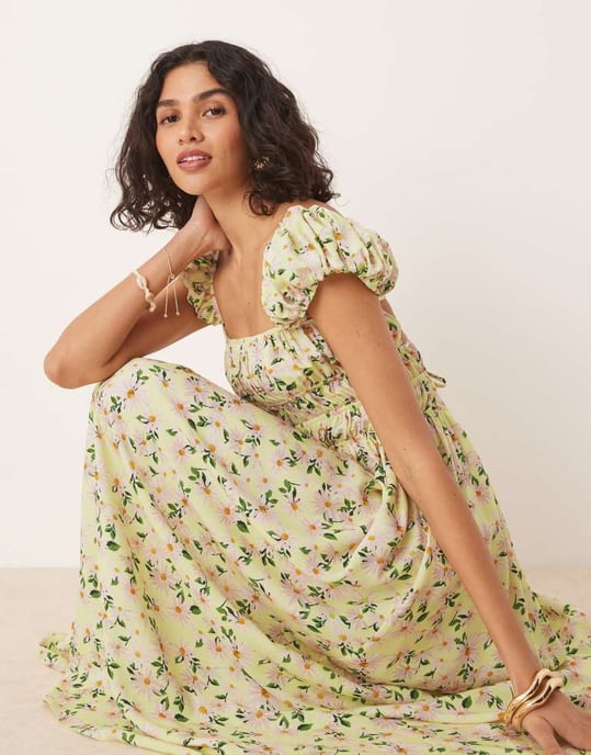 ASOS DESIGN square neck midi dress with cinched channel waist in floral print - Image 2