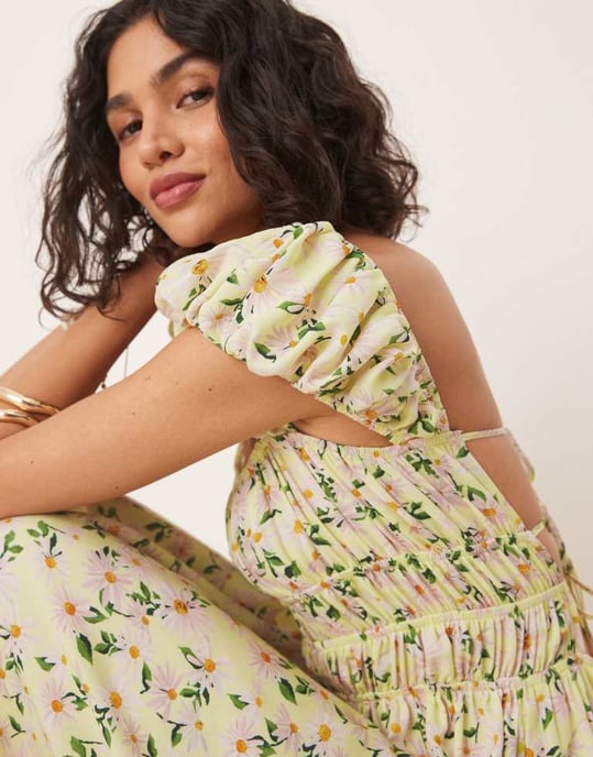 ASOS DESIGN square neck midi dress with cinched channel waist in floral print - Image 4