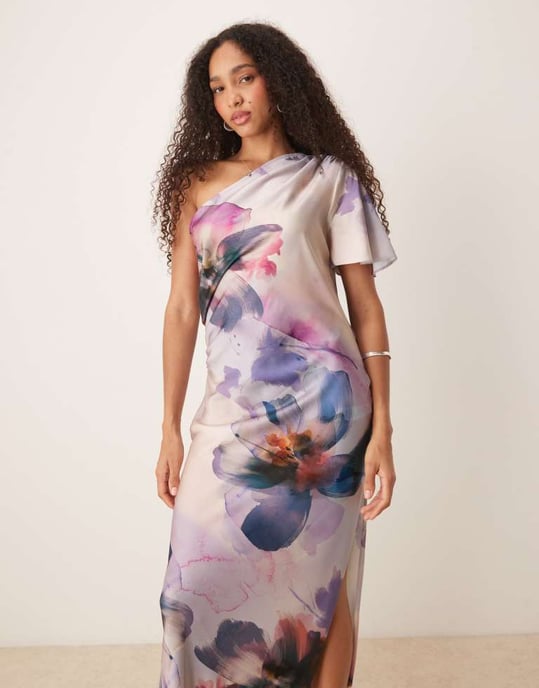 ASOS DESIGN satin one shoulder flutter sleeve midi dress in painted floral - Image 2