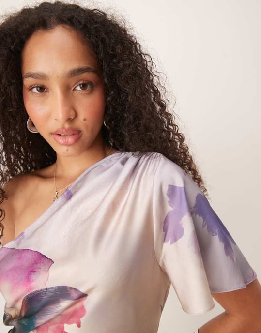 ASOS DESIGN satin one shoulder flutter sleeve midi dress in painted floral - Image 3