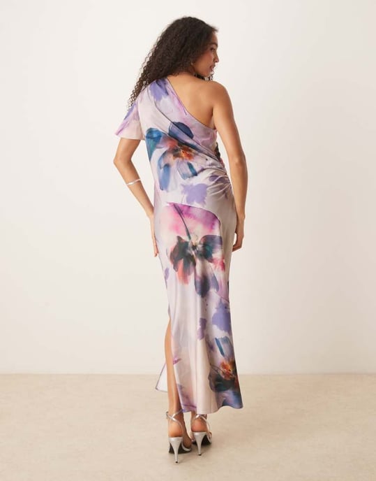 ASOS DESIGN satin one shoulder flutter sleeve midi dress in painted floral - Image 4