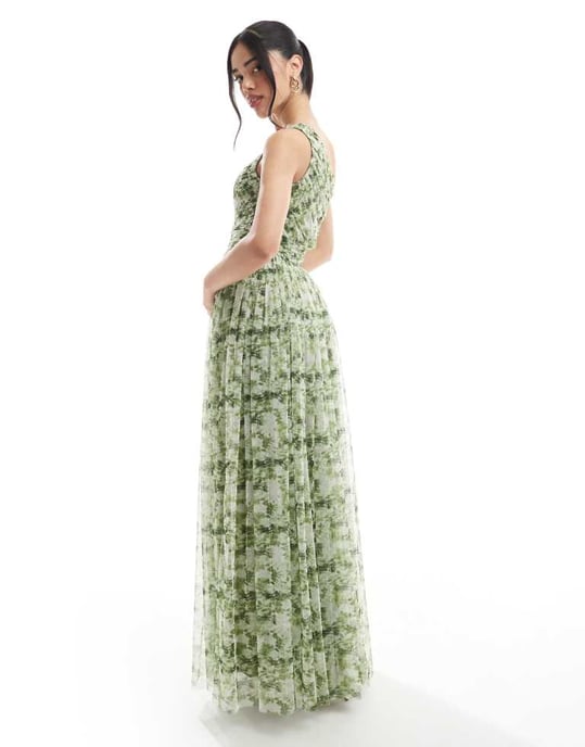Lace & Beads one shoulder maxi dress in olive floral - Image 2