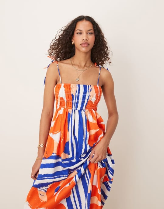 ASOS DESIGN shirred bust cotton sateen maxi dress in red and blue abstract print - Image 3