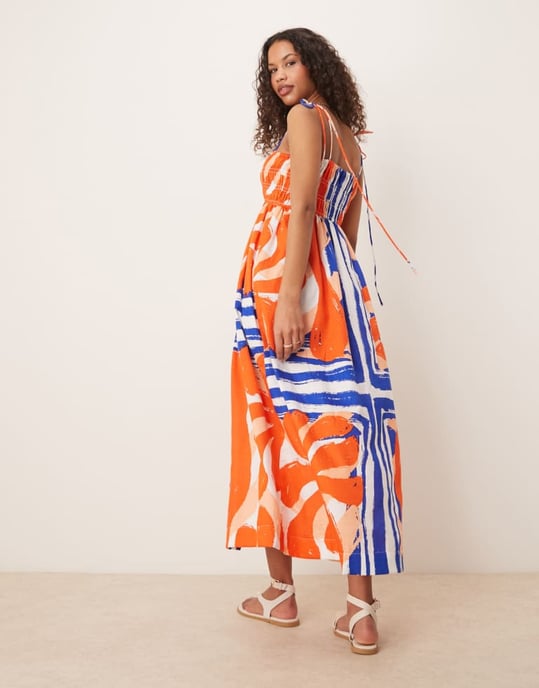 ASOS DESIGN shirred bust cotton sateen maxi dress in red and blue abstract print - Image 4