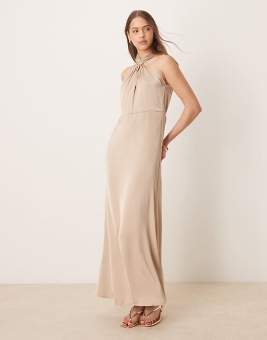 Vila satin twist halterneck midi dress in beige - Image 1