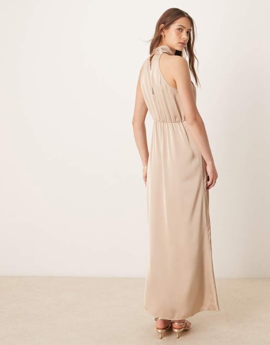 Vila satin twist halterneck midi dress in beige - Image 3