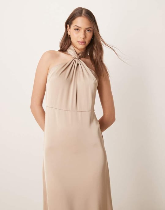 Vila satin twist halterneck midi dress in beige - Image 4