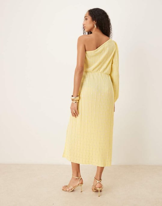 YAS foil spot plisse one shoulder maxi dress in pale yellow - Image 2
