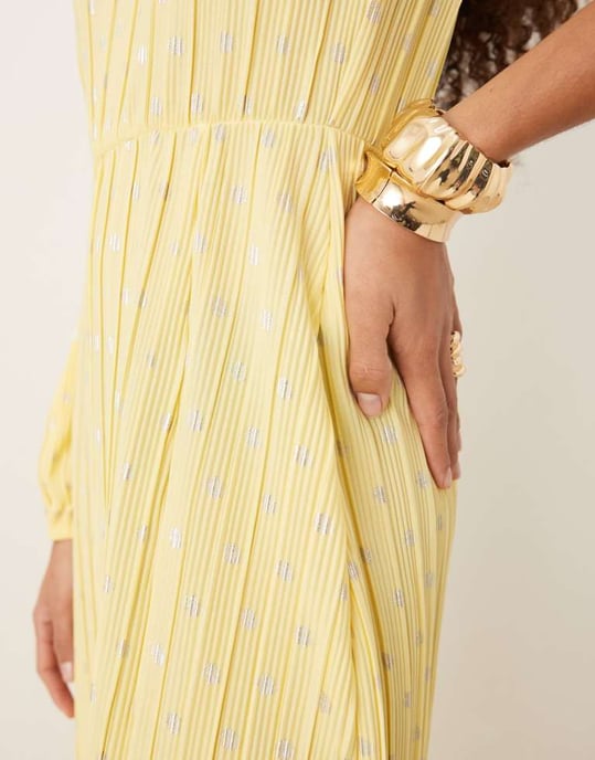 YAS foil spot plisse one shoulder maxi dress in pale yellow - Image 3