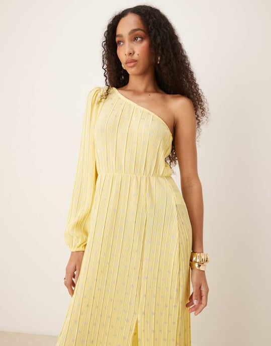YAS foil spot plisse one shoulder maxi dress in pale yellow - Image 4