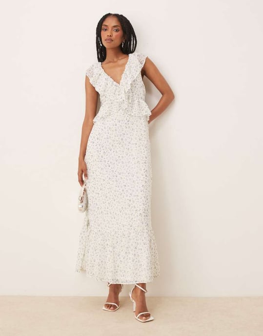 Vila frill detail maxi dress in blue ditsy floral - Image 1