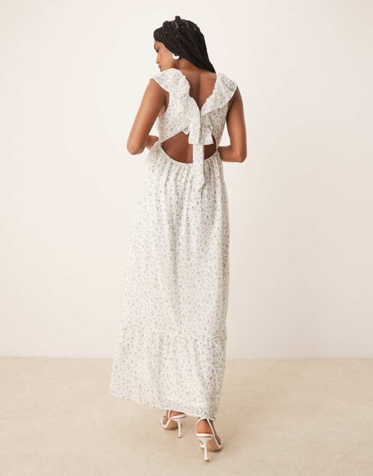 Vila frill detail maxi dress in blue ditsy floral - Image 4