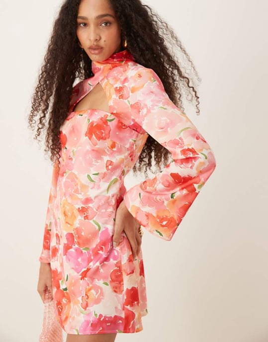 YAS high neck cut out satin mini dress in floral print - Image 1