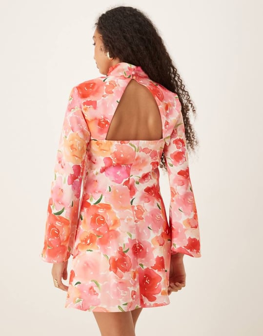 YAS high neck cut out satin mini dress in floral print - Image 3
