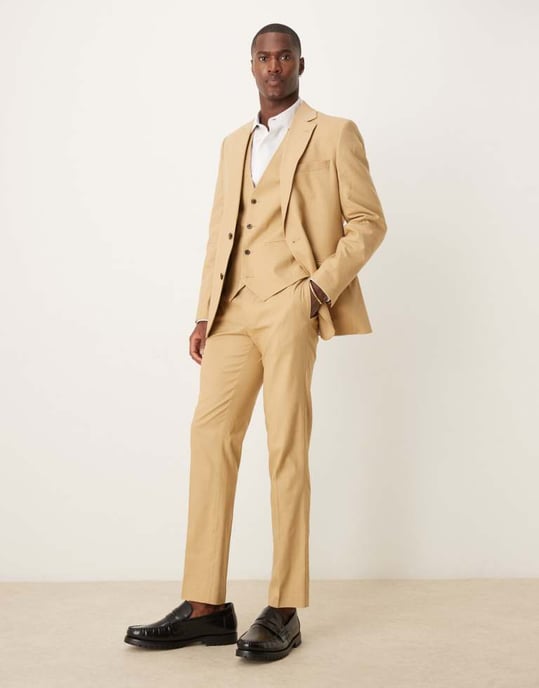 ASOS DESIGN linen blend slim suit waistcoat in beige - Image 2