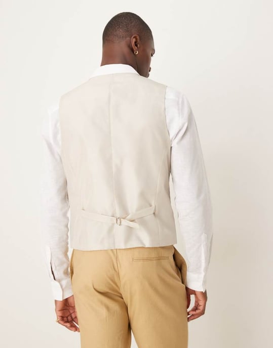 ASOS DESIGN linen blend slim suit waistcoat in beige - Image 3