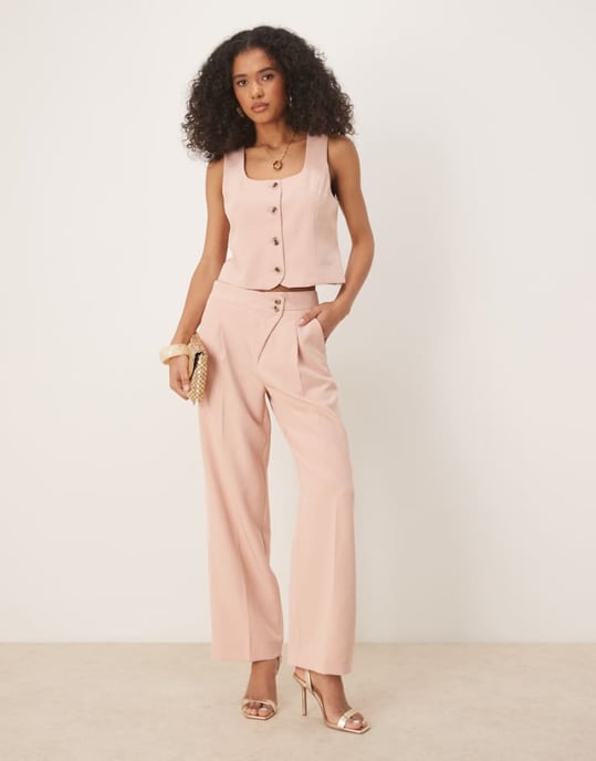 Vila pleat front tailored wide leg trouser co-ord in peach whip - Image 1