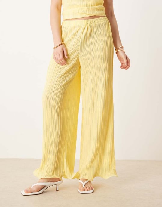 YAS plisse wide leg trouser co-ord with rolled hem detail in vanilla yellow - Image 2
