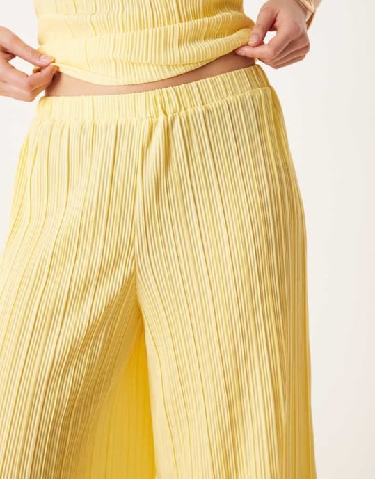 YAS plisse wide leg trouser co-ord with rolled hem detail in vanilla yellow - Image 3