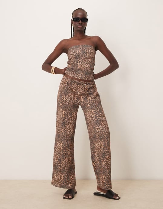 ASOS DESIGN wide leg waffle trouser co-ord in leopard print - Image 1