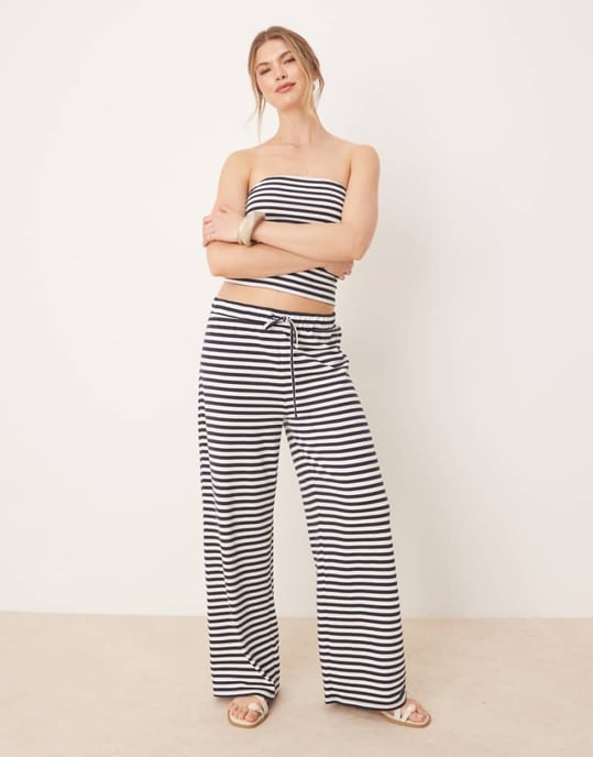 ASOS DESIGN low rise wide leg trouser co-ord in navy and white stripe - Image 1