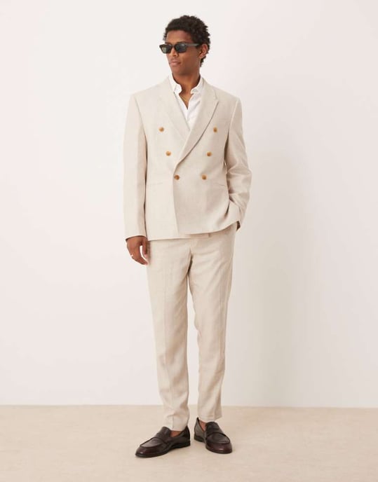 ASOS DESIGN double breasted regular linen blend suit jacket in natural beige - Image 3