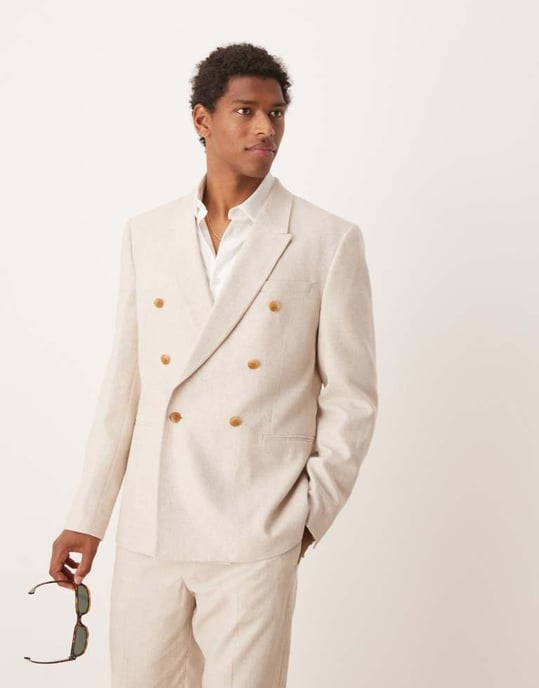 ASOS DESIGN double breasted regular linen blend suit jacket in natural beige - Image 4