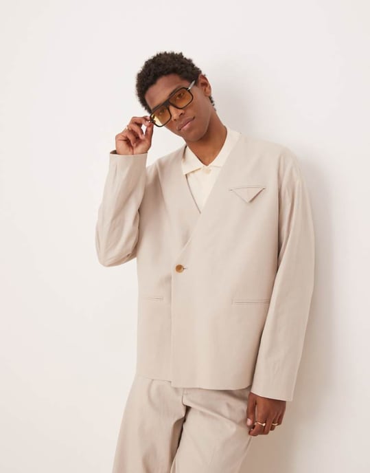 ASOS DESIGN collarless boxy suit jacket with linen in stone - Image 1
