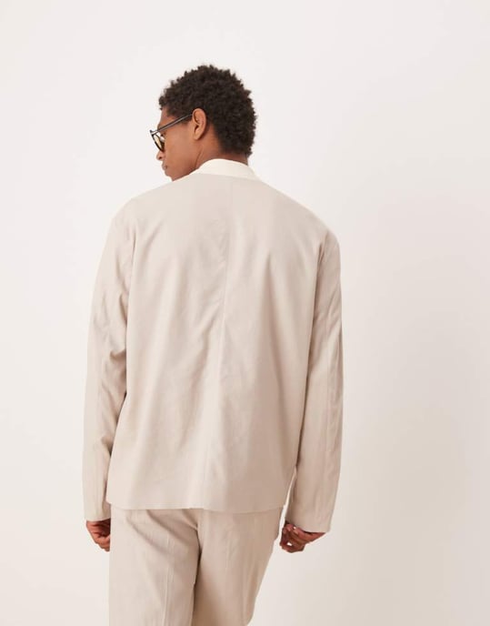 ASOS DESIGN collarless boxy suit jacket with linen in stone - Image 2
