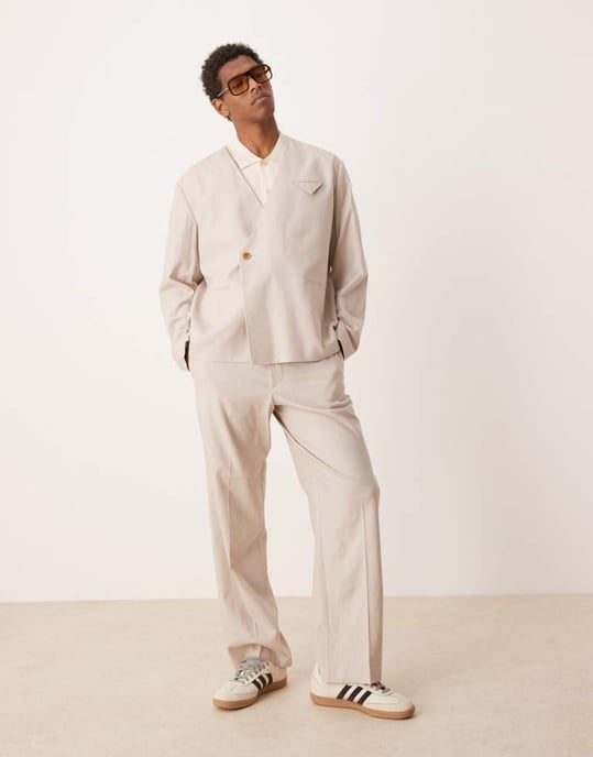 ASOS DESIGN collarless boxy suit jacket with linen in stone - Image 4