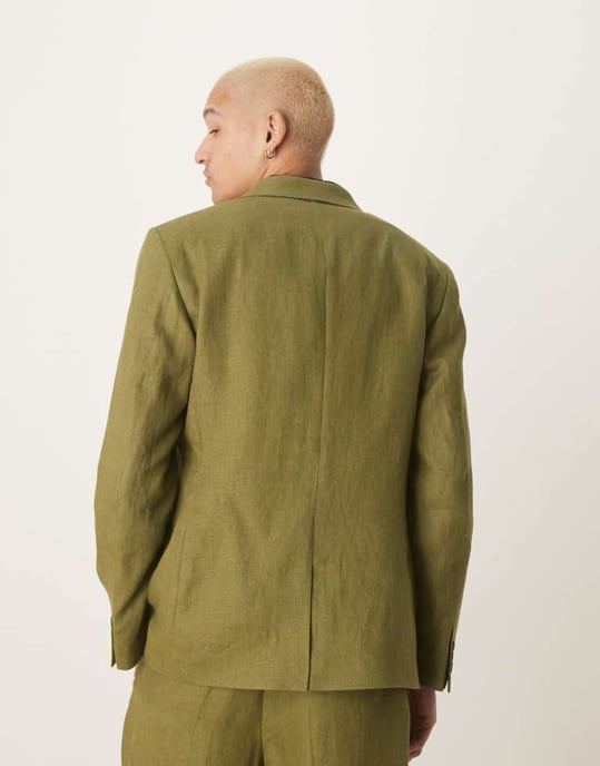 ASOS DESIGN premium 100% linen slim suit jacket in green - Image 4