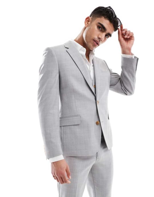 ASOS DESIGN linen blend skinny suit jacket in grey tonal check - Image 1