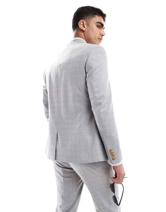 ASOS DESIGN linen blend skinny suit jacket in grey tonal check - Image 2