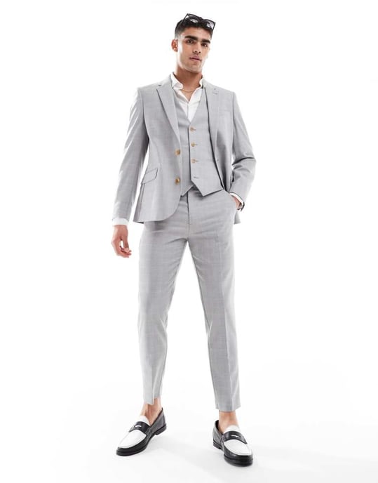 ASOS DESIGN linen blend skinny suit jacket in grey tonal check - Image 3