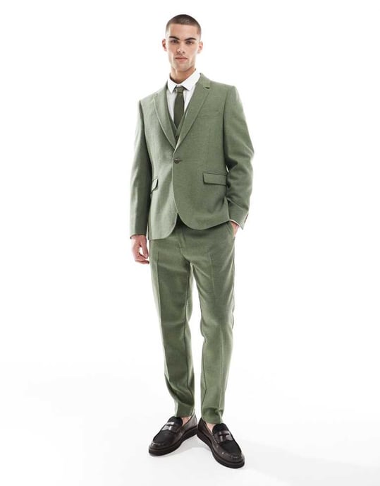 ASOS DESIGN slim suit jacket with wool in green herringbone - Image 3